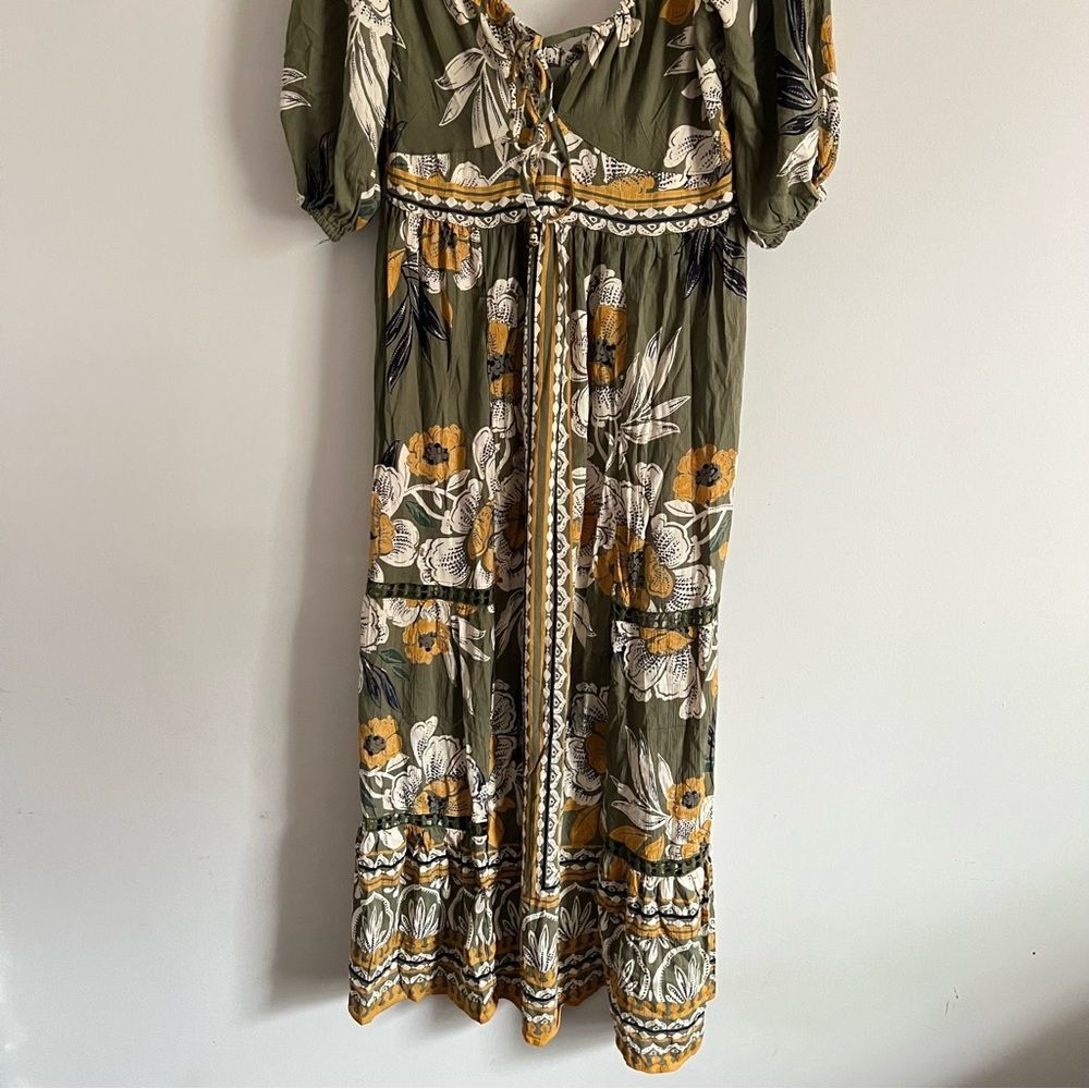 Angie Boho Floral Maxi Dress Olive Green Puff Sleeve Cottagecore Size Large - Picture 7 of 11